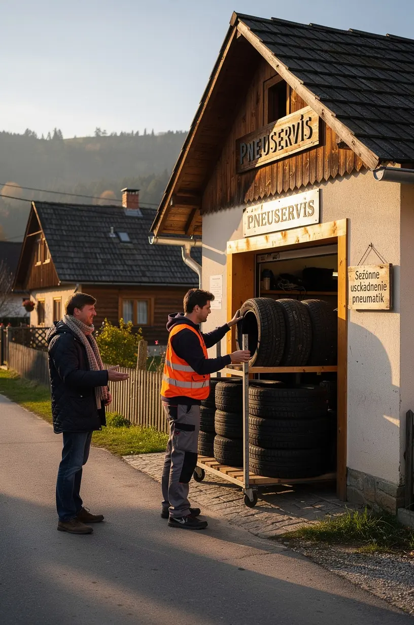 Pracovník servisu bezpečne uskladňuje sadu letných pneumatík v profesionálnom sklade.